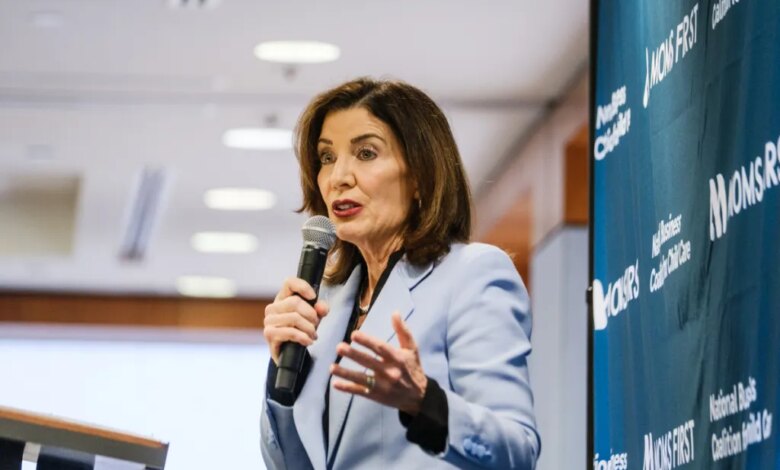 Gov. Kathy Hochul speaking at an event in her Midtown office on April 15, 2026.