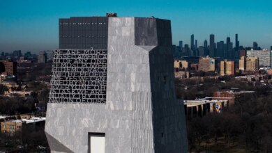 The Obama Presidential Center with former President Obama's speech text on its side in Chicago