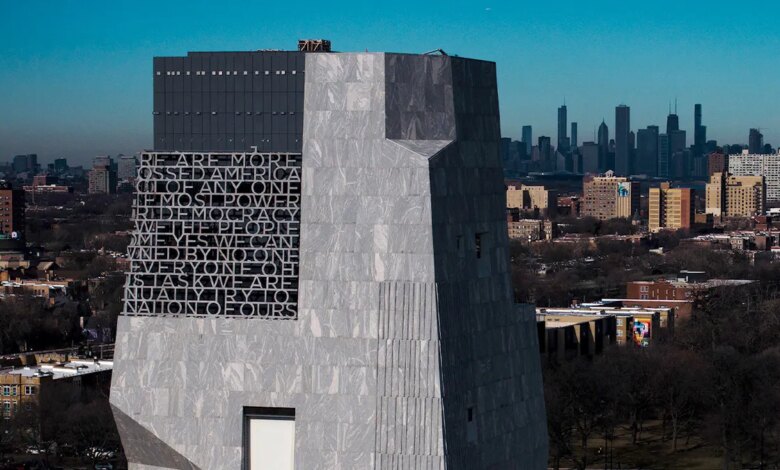 The Obama Presidential Center with former President Obama's speech text on its side in Chicago
