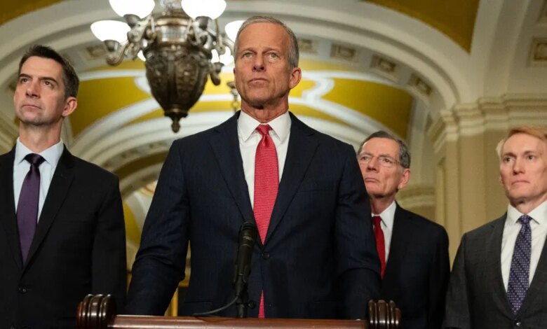 Senate Majority Leader John Thune speaking at a press conference in Washington, D.C.