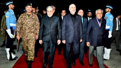 Iran's Parliament Speaker Mohammad Bagher Qalibaf and Foreign Minister Abbas Araghchi greeted by Pakistan Foreign Minister Ishaq Dar and Army Chief Field Marshal Gen. Asim Munir at Nur Khan airbase