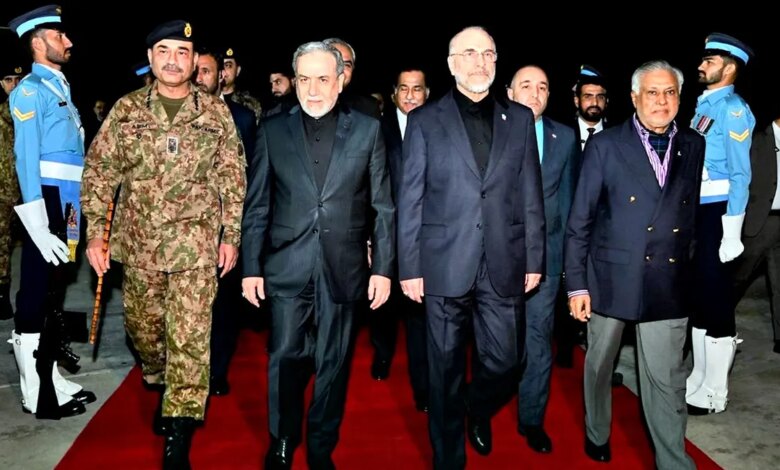 Iran's Parliament Speaker Mohammad Bagher Qalibaf and Foreign Minister Abbas Araghchi greeted by Pakistan Foreign Minister Ishaq Dar and Army Chief Field Marshal Gen. Asim Munir at Nur Khan airbase