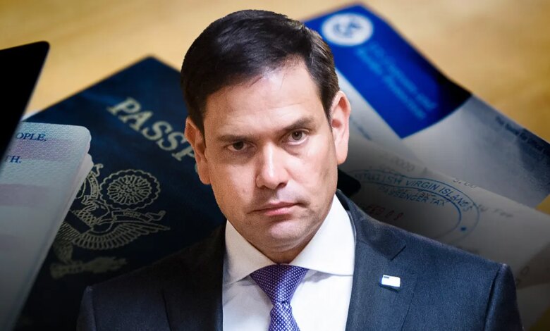 Sen. Marco Rubio holding U.S. passports in front of a blue background