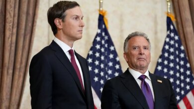 Vice President JD Vance speaking at a news conference with Jared Kushner and Steve Witkoff in Islamabad