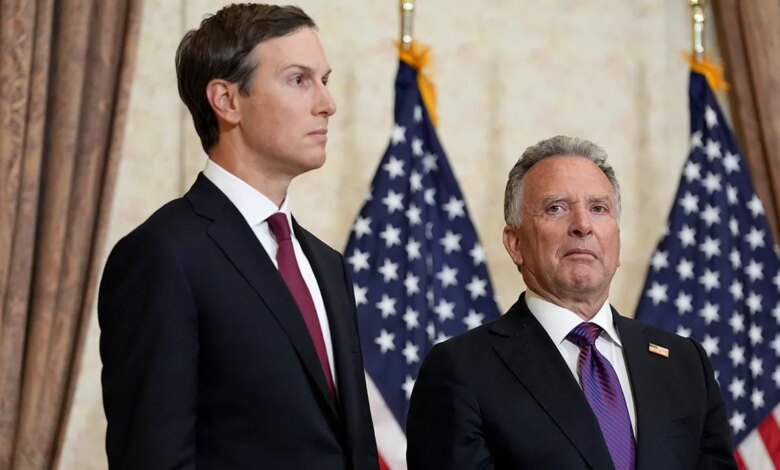 Vice President JD Vance speaking at a news conference with Jared Kushner and Steve Witkoff in Islamabad