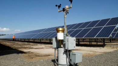 A weather station stands in front of solar panels at a solar energy site.