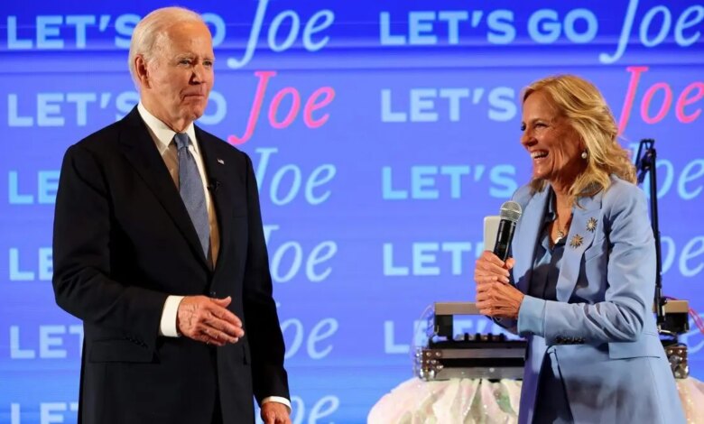 President Joe Biden and first lady Jill Biden speaking at a watch party in Atlanta Georgia