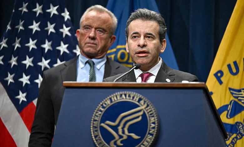 Food and Drug Administration Commissioner Marty Makary speaking at a press conference with Secretary Robert F. Kennedy Jr. in Washington, D.C.