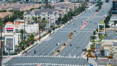 An aerial view of empty streets and buildings in Garden Grove, California, following a chemical tank overheating.