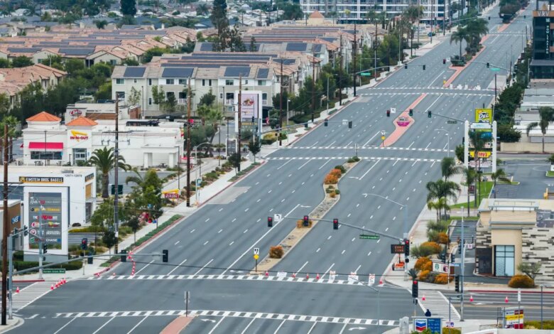 An aerial view of empty streets and buildings in Garden Grove, California, following a chemical tank overheating.