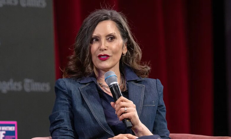 Michigan Governor Gretchen Whitmer speaking at the Los Angeles Times Festival of Books