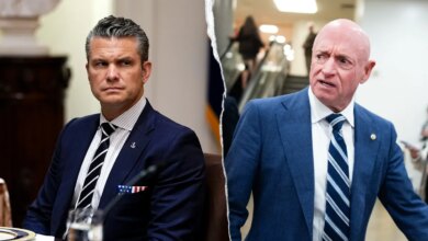 Split image of Secretary of War Pete Hegseth and Sen. Mark Kelly