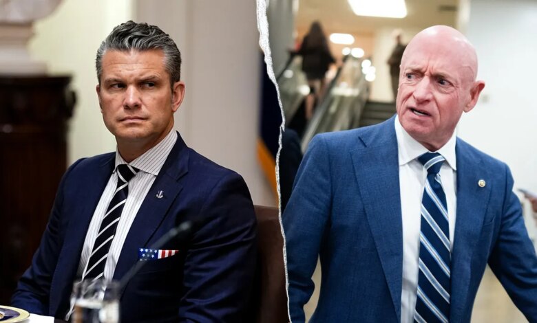 Split image of Secretary of War Pete Hegseth and Sen. Mark Kelly