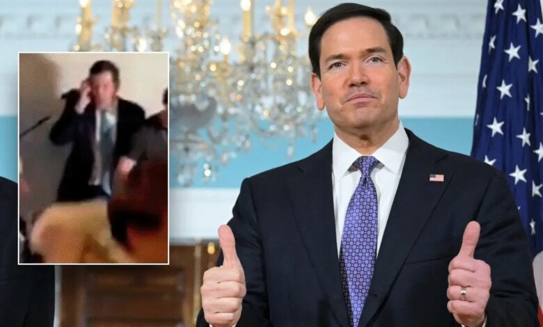 Secretary of State Marco Rubio gives a thumbs-up while an inset image shows him DJing at a wedding.