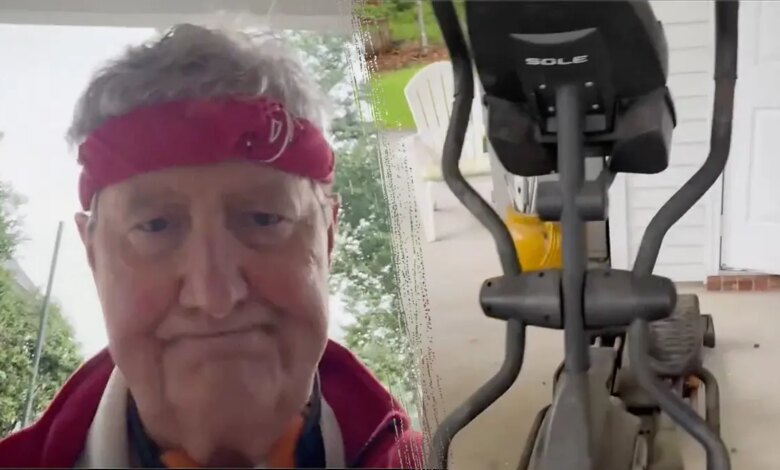Split image of Sen John Kennedy and his elliptical machine "Margaret"