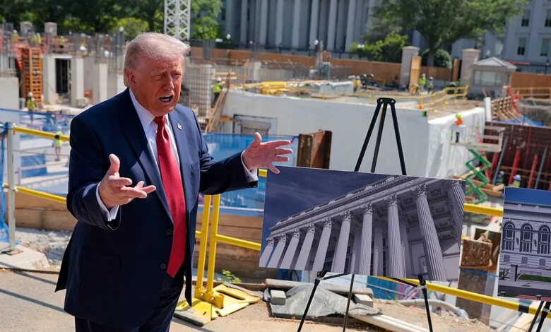 Donald Trump speaking to reporters in front of ballroom construction