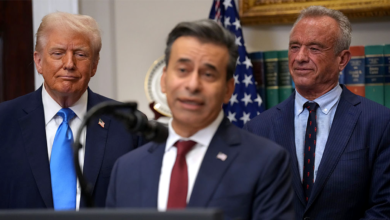 President Donald Trump and Health and Human Services Secretary Robert F. Kennedy Jr. looking on as FDA Commissioner Dr. Marty Makary speaks in the White House Roosevelt Room