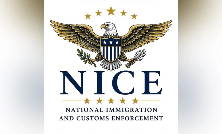 NICE graphic with eagle and shield design referencing ICE.