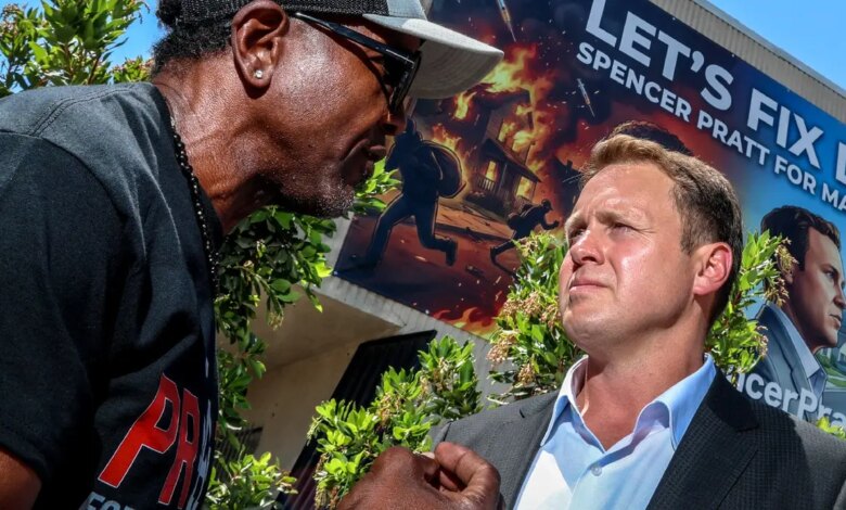 Spencer Pratt speaks at campaign block party event in Los Angeles.