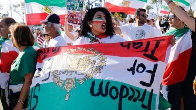 A woman with face paint in the colors of the Iranian flag holds a banner that reads "Freedom for Iran" while participating in a protest.