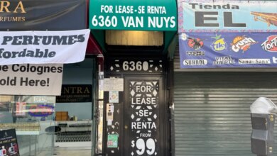 An empty storefront at 6360 Van Nuys with a "FOR LEASE" sign.