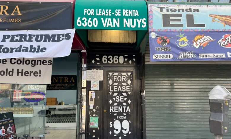 An empty storefront at 6360 Van Nuys with a "FOR LEASE" sign.