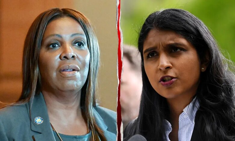 A split image of New York Attorney General Letitia James and AG GOP candidate Saritha Komatireddy