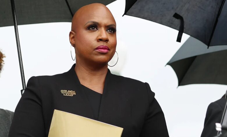 Rep. Ayanna Pressley listens during a news conference near the U.S. Capitol Building in Washington, D.C.