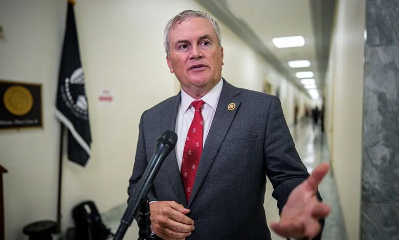 Rep. James Comer speaking to reporters at a podium in Washington, D.C.