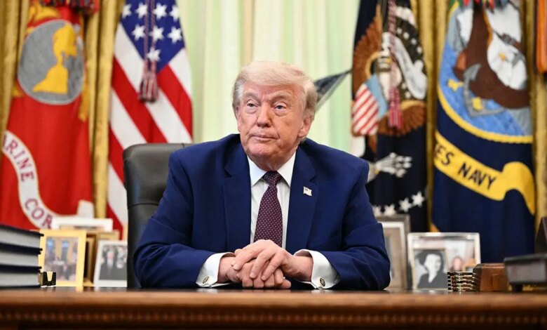 President Donald Trump speaking to the press in the Oval Office