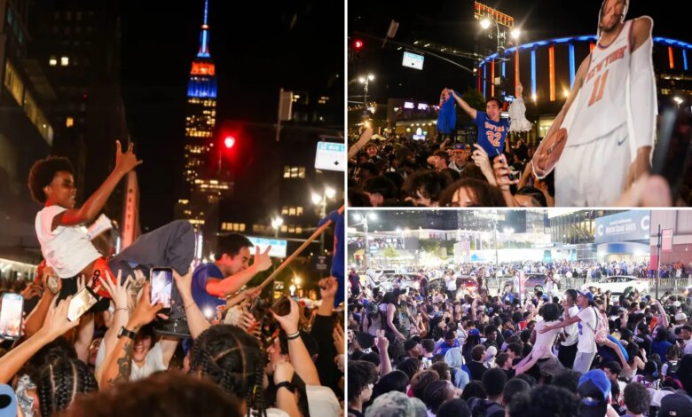 Knicks fans go bonkers in NYC after Game 2 Finals win, celebrating in streets outside MSG