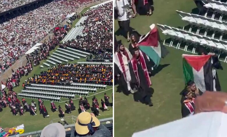 Mass protest at Stanford University graduation as soon as Google CEO Sundar Pichai takes the stage