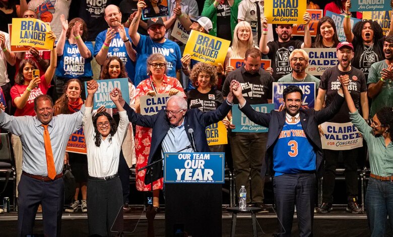 Brad Lander standing with Zohran Mamdani and Bernie Sanders at a rally in Brooklyn