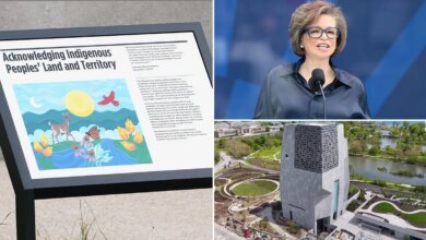 Composite image showing Obama Foundation CEO Valerie Jarrett speaking during the Obama Presidential Center opening ceremony, the Center's museum tower and a permanent Indigenous land acknowledgment display located on the campus in Chicago.