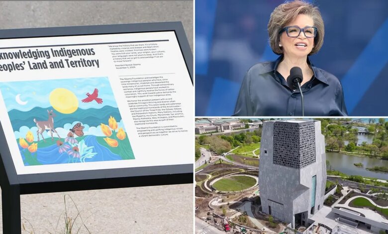 Composite image showing Obama Foundation CEO Valerie Jarrett speaking during the Obama Presidential Center opening ceremony, the Center's museum tower and a permanent Indigenous land acknowledgment display located on the campus in Chicago.