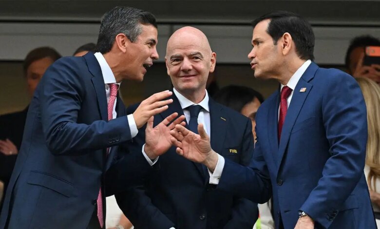 Paraguayan President Santiago Pena, FIFA president Gianni Infantino, and US Secretary of State Marco Rubio in stands at 2026 World Cup match