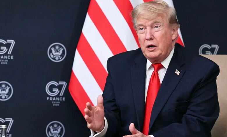 US President Donald Trump delivering remarks at a bilateral meeting during the G7 summit in Evian, France