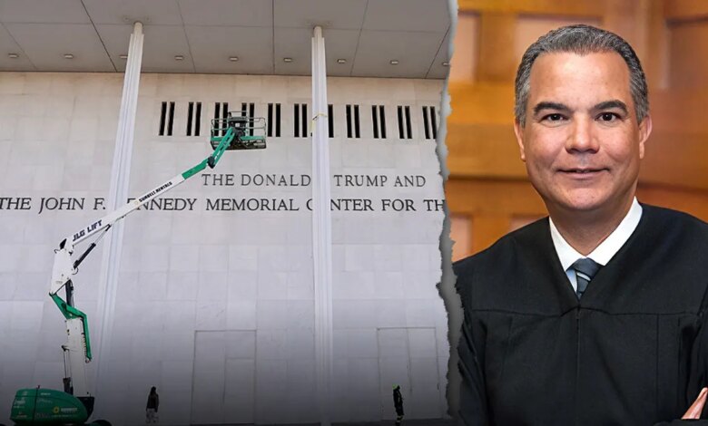 A split image showing a construction lift at the Kennedy Center and Judge Gonzalo Curiel smiling in judicial robes.