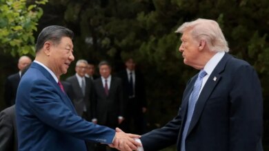 An image collage containing 1 images, Image 1 shows President Donald Trump shakes hands with Chinese President Xi Jinping while leaving after a visit to the Zhongnanhai Garden in Beijing, China, May 15, 2026