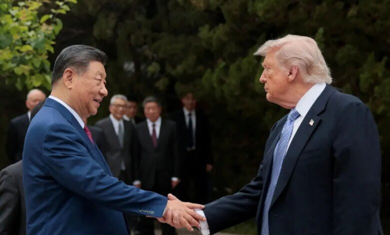 An image collage containing 1 images, Image 1 shows President Donald Trump shakes hands with Chinese President Xi Jinping while leaving after a visit to the Zhongnanhai Garden in Beijing, China, May 15, 2026