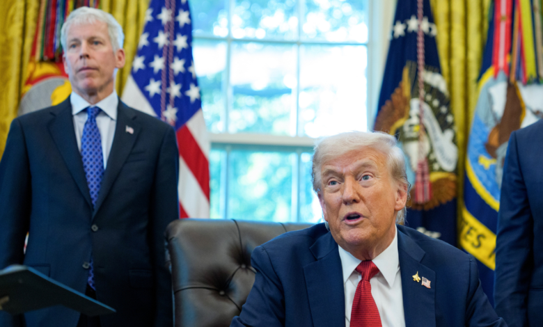 U.S. energy secretary Chris Wright and President Donald Trump are seen in the Oval Office.