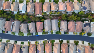 In an aerial view, family homes line the streets of a neighborhood on May 23, 2026 in Thousand Oaks, California.