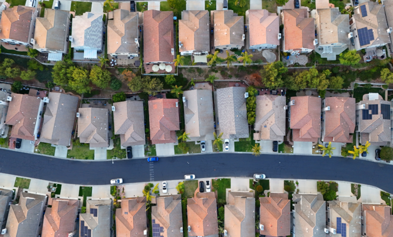 In an aerial view, family homes line the streets of a neighborhood on May 23, 2026 in Thousand Oaks, California.