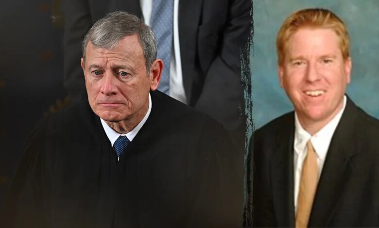 A split image of United States Supreme Court Chief Justice John Roberts and Hawaii Supreme Court Justice Todd Eddins