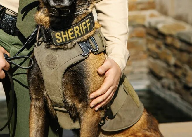 A K-9 police dog in a "SHERIFF" vest sits next to a sheriff deputy.