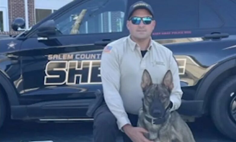 Sgt. Cody Henderson kneeling beside K9 Rip, with a Salem County Sheriff vehicle and courthouse in the background.