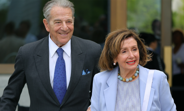 Former House Speaker Nancy Pelosi and her husband, Paul Pelosi, smile as they arrive together at an event.