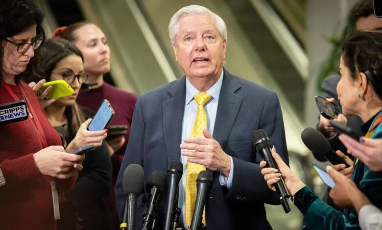 Senator Lindsey Graham speaking to reporters at the U.S. Capitol in Washington, D.C.