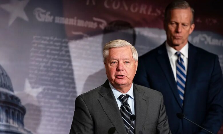 Lindsey Graham and John Thune speak during a news conference in Washington, D.C.