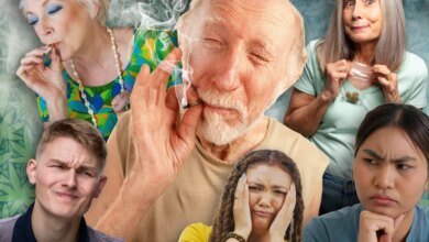 Illustration of older people smoking marijuana and younger people looking upset.